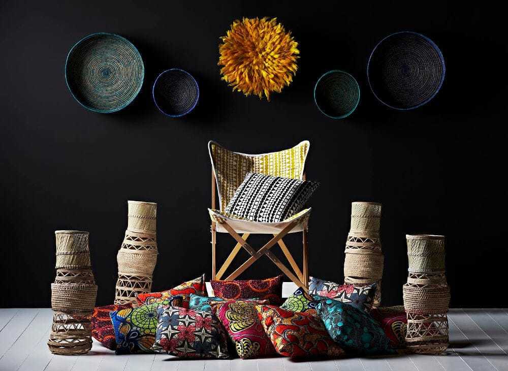 Modern boho living room styled with authentic African pieces