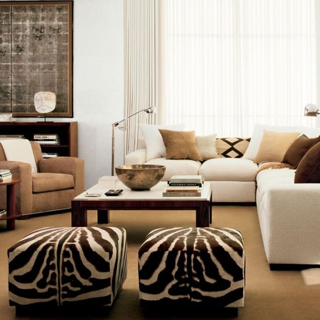 Neutral living room with bold tribal prints and natural wood accents