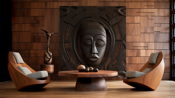 Handcrafted African art and wall hangings in a bohemian living room