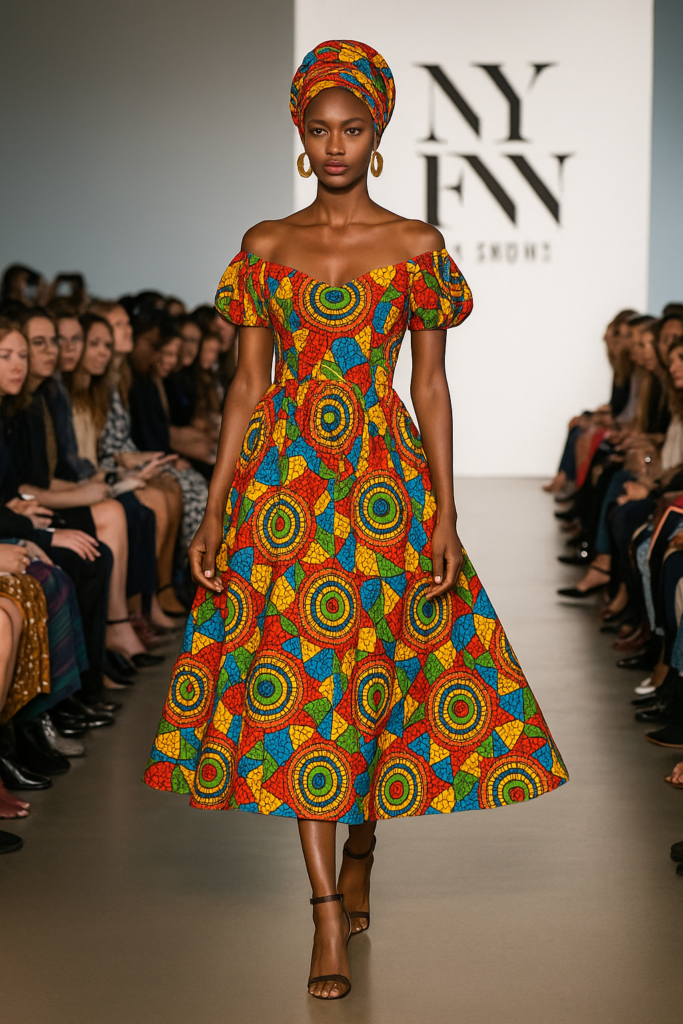 Bold African print dress with geometric patterns featured at New York Fashion Week, blending African art design with high fashion