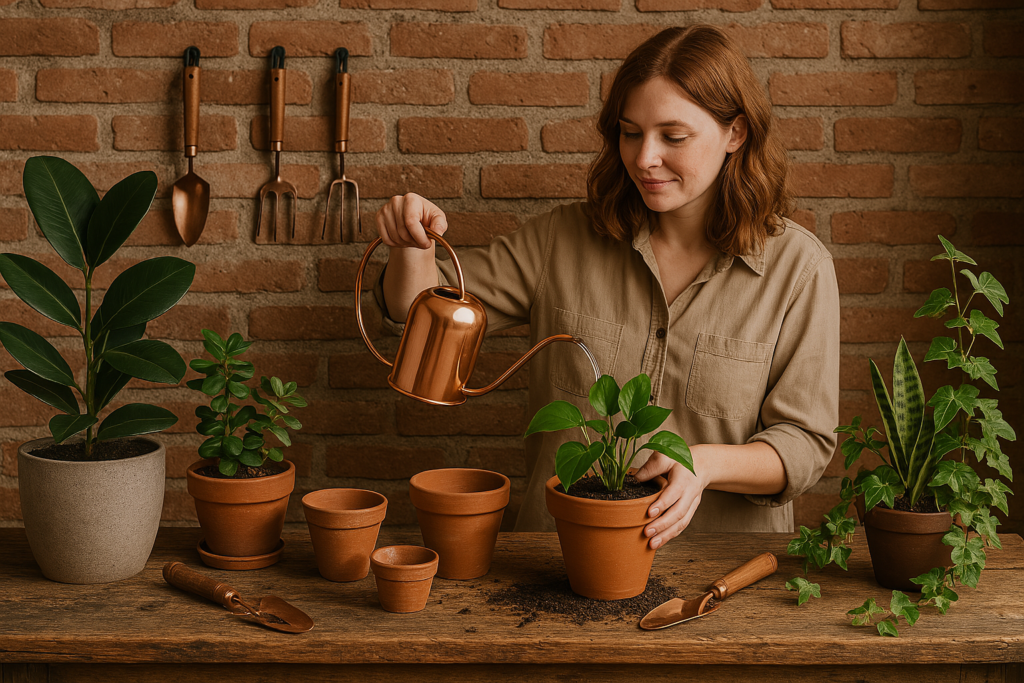 Woman watering potted plants with copper watering can in cozy indoor garden setup