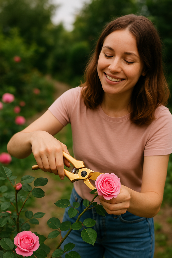 Woman in pink shirt pruning rose plant with gold garden shears