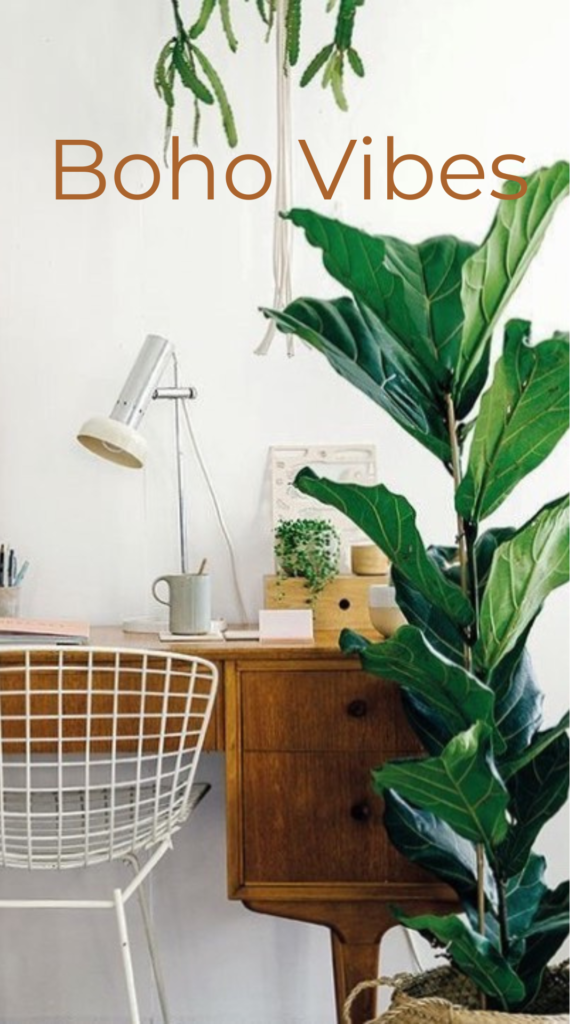 Boho-inspired home office with a mid-century wooden desk, Fiddle Leaf Fig, Calathea, and hanging plants, styled with modern decor and natural light.